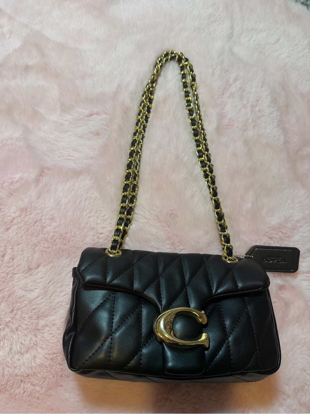 Black Quilted Shoulder Bag with Gold Chain and C-Clasp